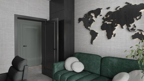 CIEMNY GABINET Z TAPETĄ I MAPĄ ŚWIATA