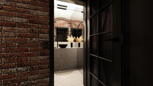 NOWOCZESNY KLUB Z SUFITEM PODWIESZANYM I CEGŁĄ