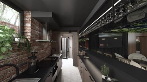 NOWOCZESNY KLUB Z SUFITEM PODWIESZANYM I CEGŁĄ